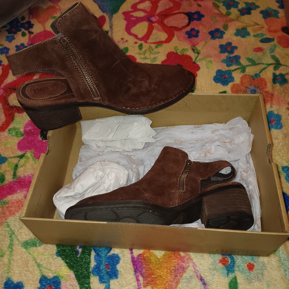 Born Western Style Brown Suede Mule Ankle Booties Open Back